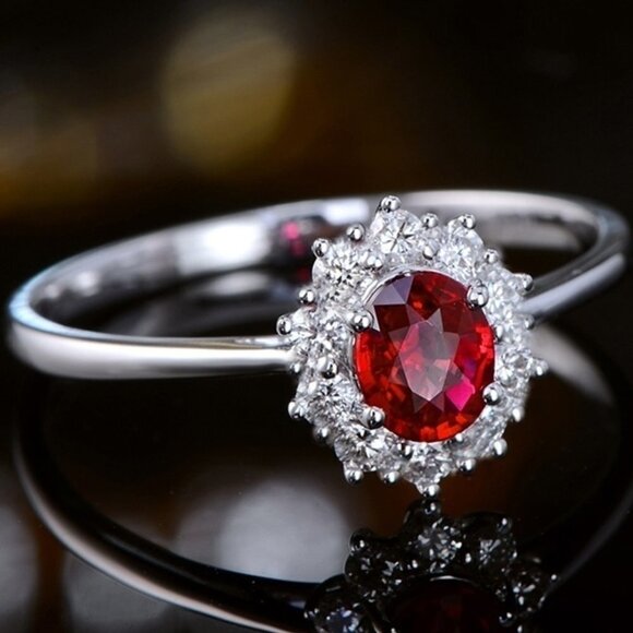 925 Silver Plated Oval Sun Flower Red Elegant Ruby Ring for Women, VIP… - Picture 3 of 6